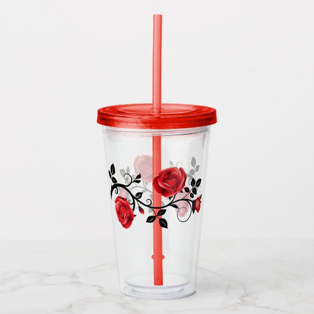 Red Roses Acrylic Tumbler Glass with Lid/Straw (Front)
