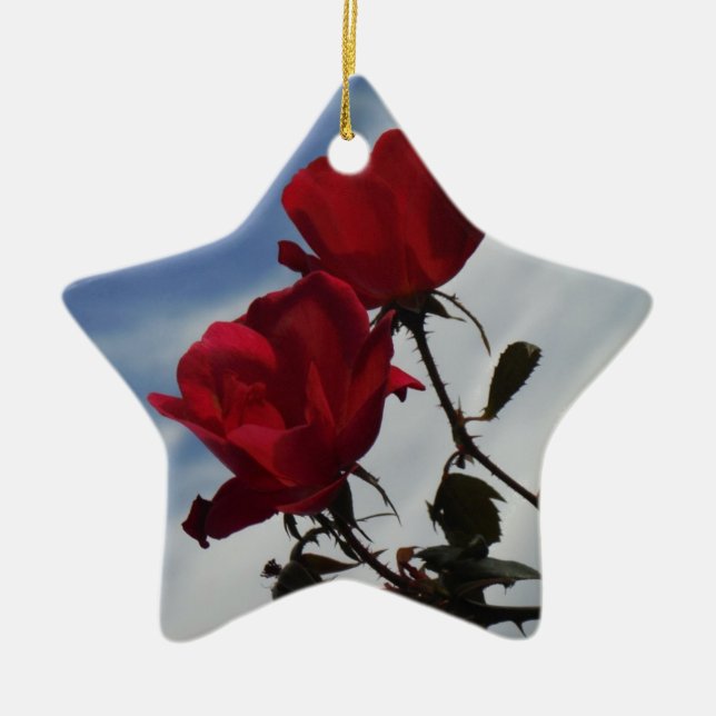 Red Roses Against a Bright Blue Sky Ceramic Tree Decoration (Front)
