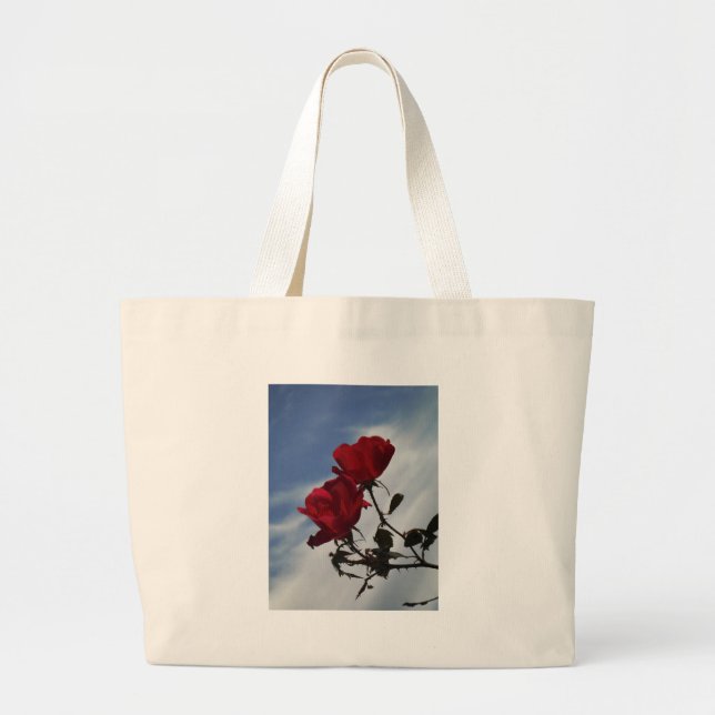 Red Roses Against a Bright Blue Sky Large Tote Bag (Front)