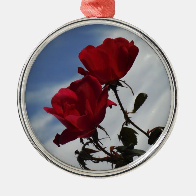 Red Roses Against a Bright Blue Sky Metal Tree Decoration (Front)