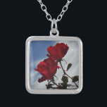 Red Roses Against a Bright Blue Sky Silver Plated Necklace<br><div class="desc">Red Roses Against a Bright Blue Sky Photo by Sandy Closs,  taken at Lake Arrowhead. "red rose""red roses""pink rose""pink roses""weddings""love gift""red flower""red flowers""red floral" red blue rose roses "gifts with roses"</div>