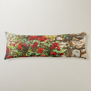 Red Roses Against a Stone Wall Body Cushion