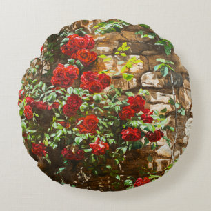 Red Roses Against a Stone Wall Round Cushion