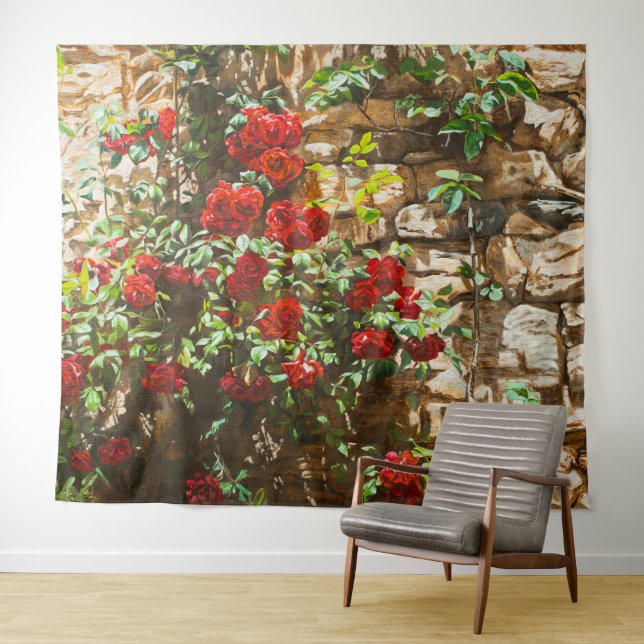 Red Roses Against a Stone Wall Tapestry (In Situ (Horizontal))