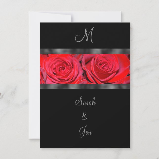 Red Roses and Black Monogram Wedding Invitation (Front)
