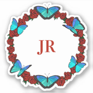 Red Roses and Blue Butterflies Monogram Wreath