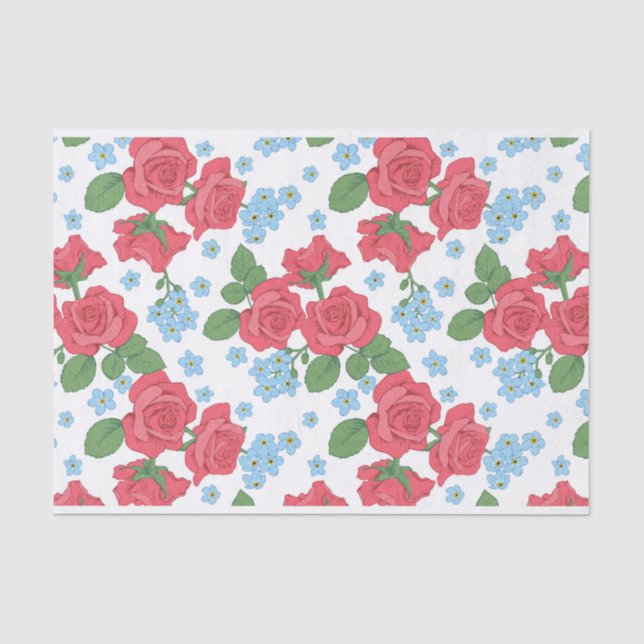 Red Roses and Blue Flowers Illustrations Pattern Tissue Paper (Front)