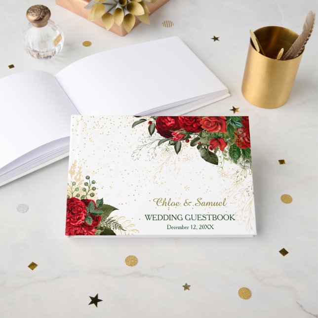 Red Roses and Confetti Wedding Guest Book (Front Open)