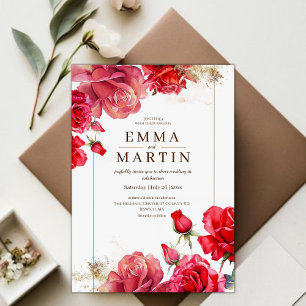 Red Roses and Gold Dust Elegant Modern Wedding Invitation