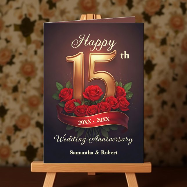 Red Roses and Gold Number 15th Wedding Anniversary Card (Creator Uploaded)