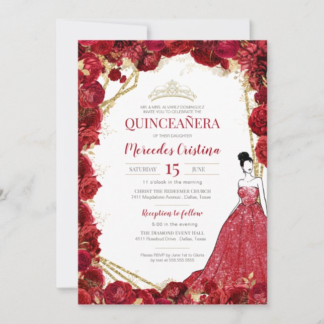 Red Roses and Gold Quinceanera  Invitation (Front)
