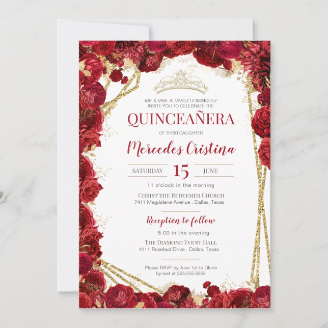 Red Roses and Gold Quinceanera with Tiara Invitation (Front)