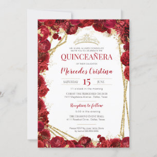 Red Roses and Gold Quinceanera with Tiara Invitation