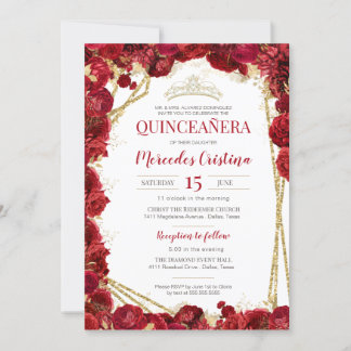 Red Roses and Gold Quinceanera with Tiara Invitation