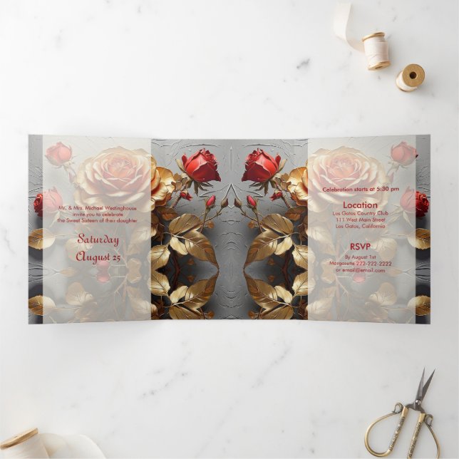 Red Roses and Gold Sweet 16 Party Invitation (Inside)