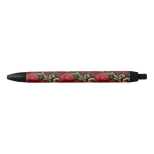 Red Roses and Golden Snakes Pattern Black Ink Pen
