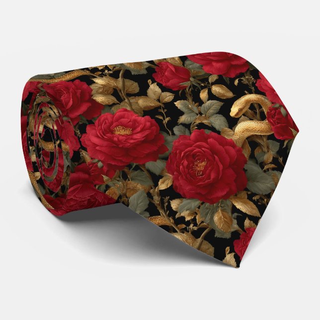 Red Roses and Golden Snakes Pattern Tie (Rolled)