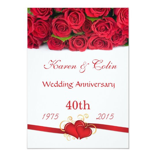Red roses and hearts 40th  Wedding  Anniversary  Invitation  
