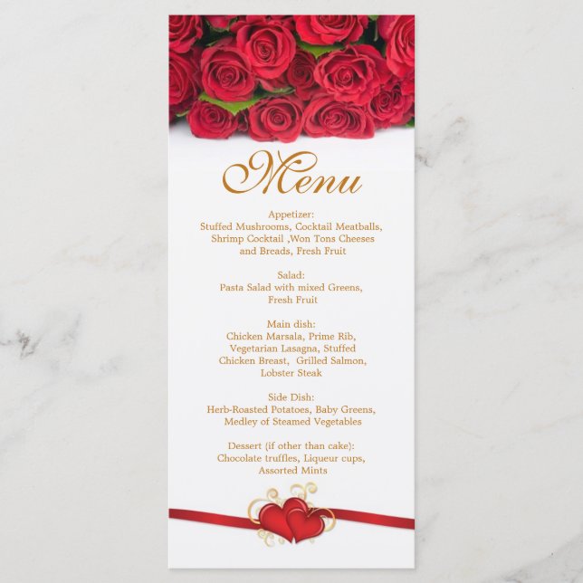 Red roses and hearts Menu  Rack Card (Front)