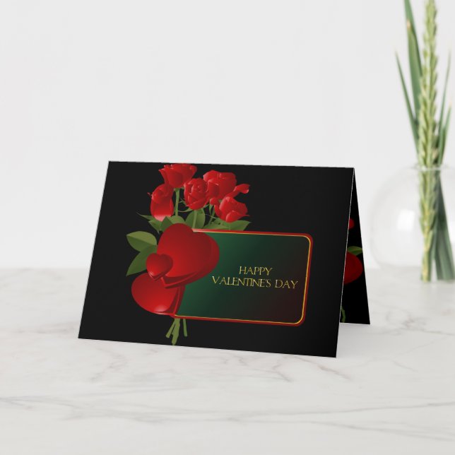 Red Roses and Hearts on Black Valentine Card (Front)