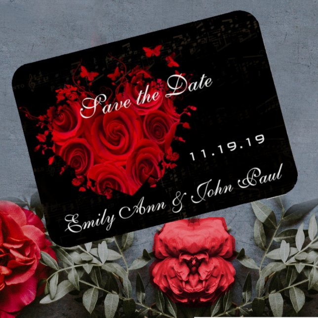 Red Roses and Hearts Swirls Wedding Save the Date Magnet (Creator Uploaded)