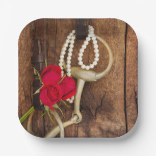 Red Roses and Horse Bit Country Western Wedding Paper Plate