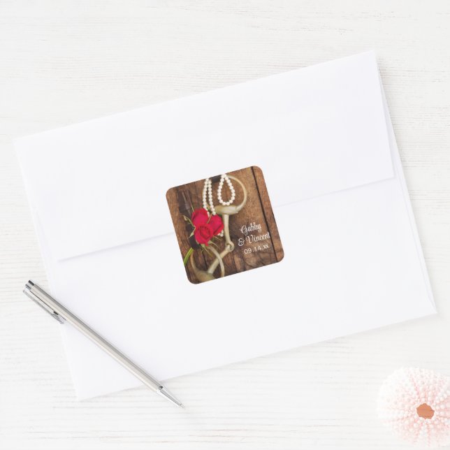 Red Roses and Horse Bit Country Western Wedding Square Sticker (Envelope)