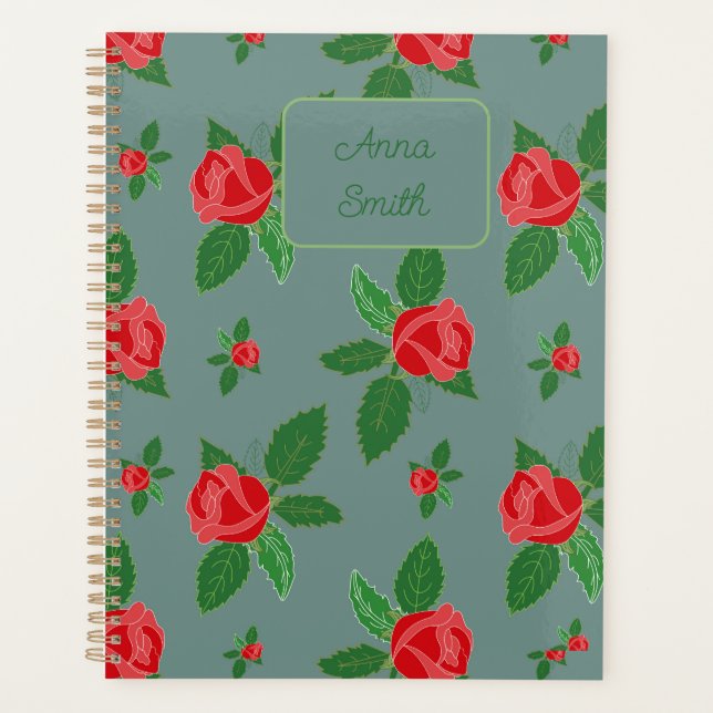 Red Roses and Leaves_ Floral Pattern Script Planner (Front)