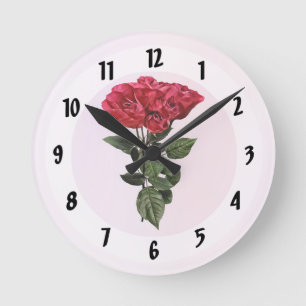 Red Roses and Leaves Round Clock