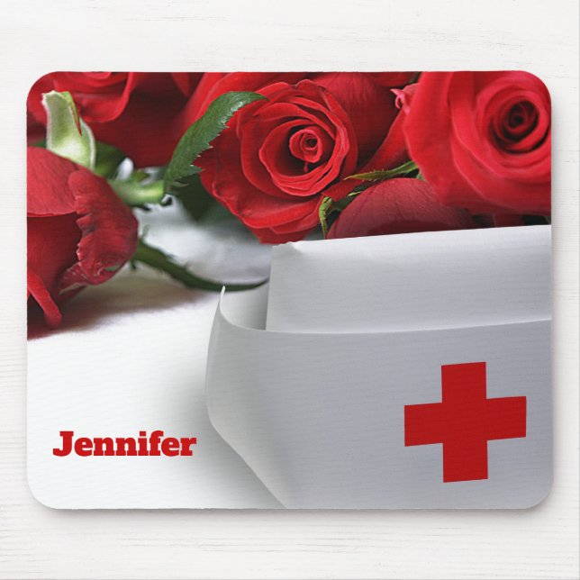Red Roses and Nurse Cap Custom Name Gift  Mouse Mat (Front)