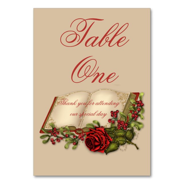 Red Roses and Open Bible Table Number Cards (Front)