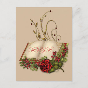 Red Roses and Open Bible Wedding RSVP Invitation Postcard