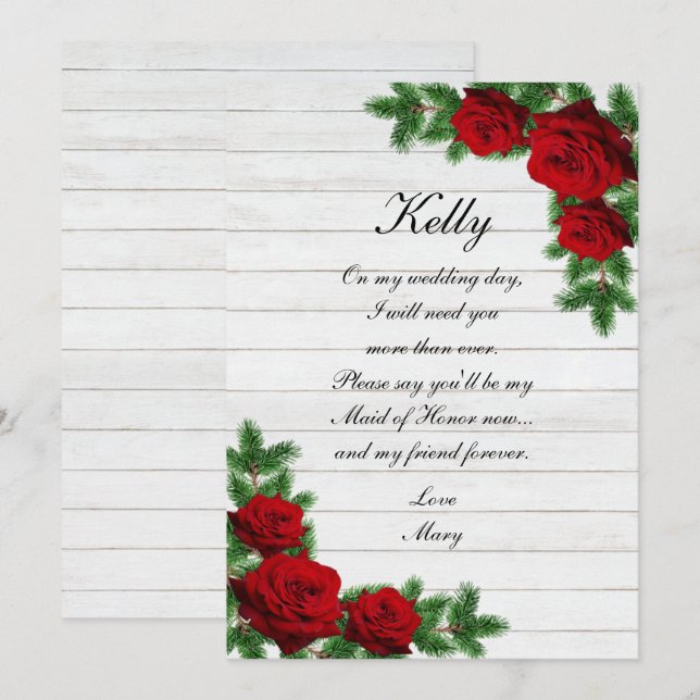 Red Roses And Pine Branch Christmas Maid Of Honour Invitation (Front/Back)