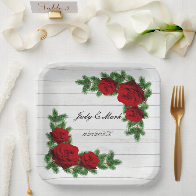 Red Roses And Pine Branch Christmas Wedding Paper Plate (Wedding)