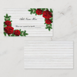 Red Roses And Pine Branch Christmas Wedding Table Place Card