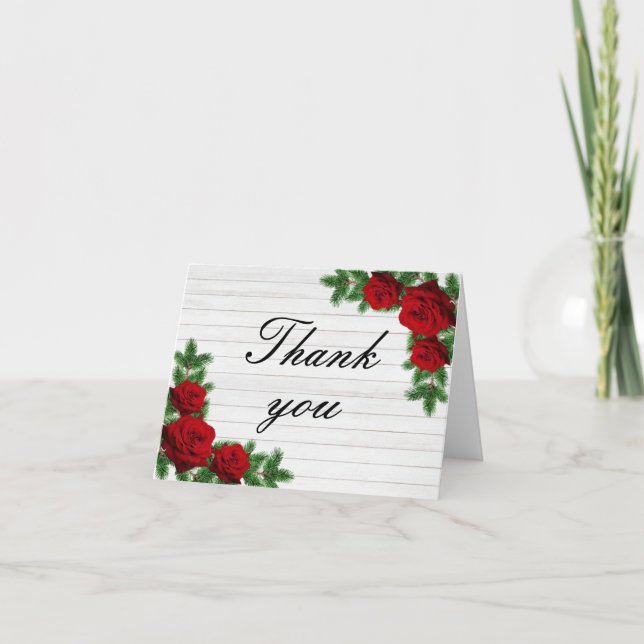 Red Roses And Pine Branch Christmas Wedding  Thank You Card (Front)