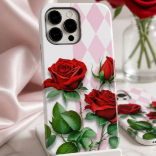 Red Roses and Pink and White Diamond Pattern iPhone 14 Pro Max Case