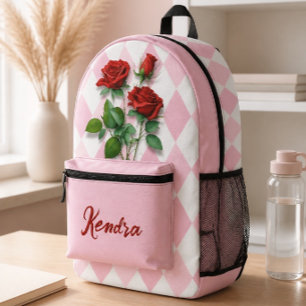 Red Roses and Pink and White Diamond Pattern Printed Backpack