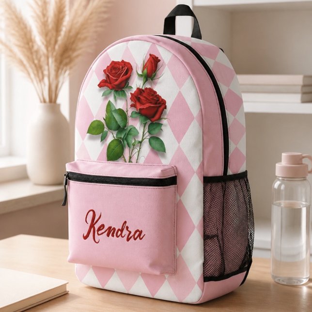 Red Roses and Pink and White Diamond Pattern Printed Backpack (Creator Uploaded)