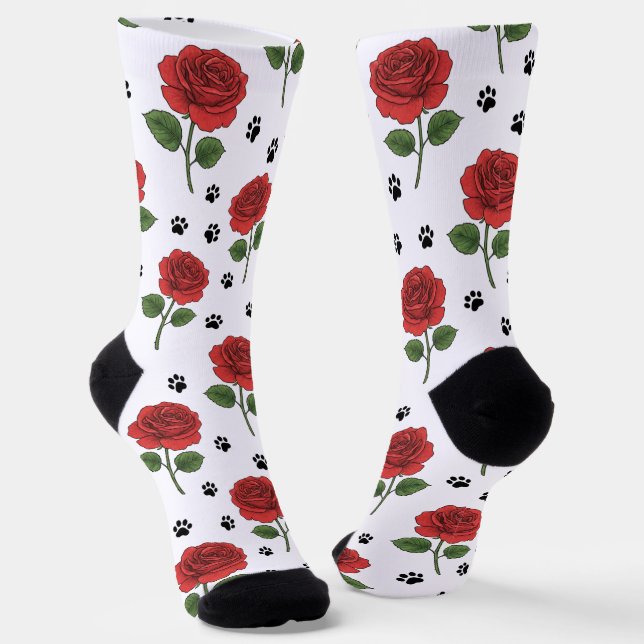 Red Roses and Puppy Paw Prints Pattern  Socks (Angled)