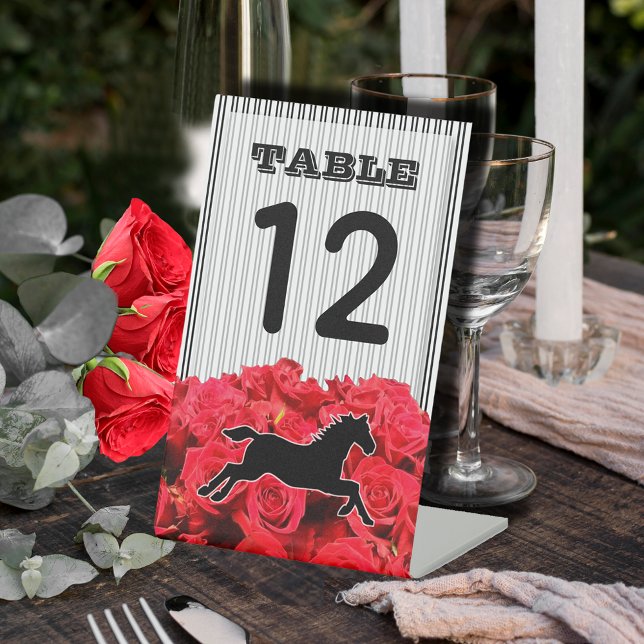 Red Roses and Racehorse Derby Bridal Shower Pedestal Sign (Plastic pedestal sign table number shown is 4" x 6" with 2" pedestal base.)