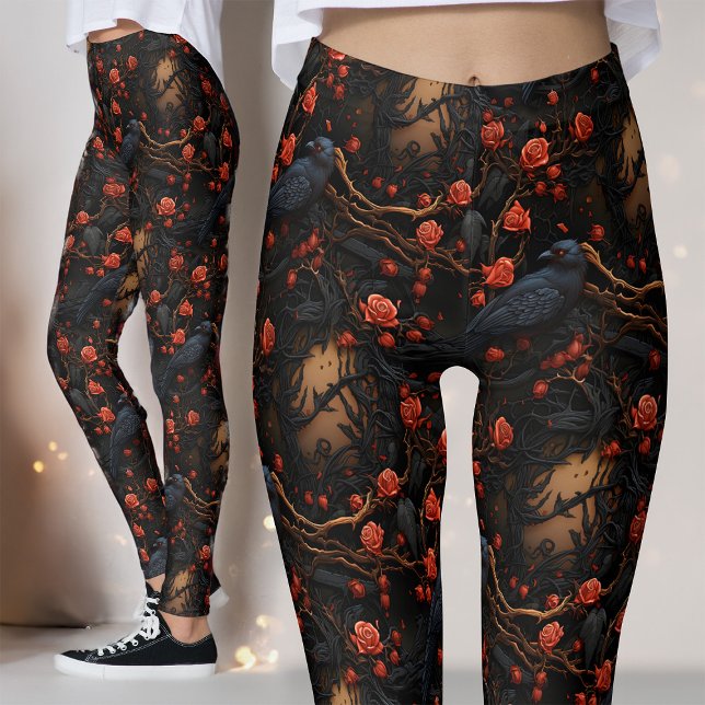 Red Roses and Ravens Gothic Alternative Floral Leggings (Creator Uploaded)