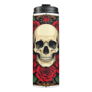 Red Roses And Skeletal Skull Art Nouveau Thermal Tumbler