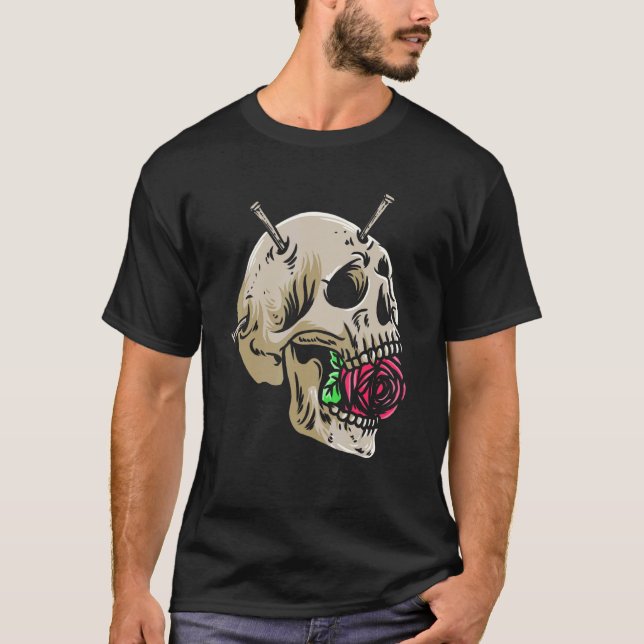 Red Roses And Skull With Nail Gothic Calaveras Ske T-Shirt (Front)