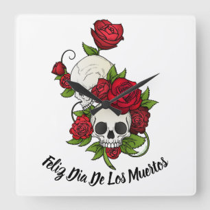 Red Roses and Skulls Happy Day of the Dead Square Wall Clock