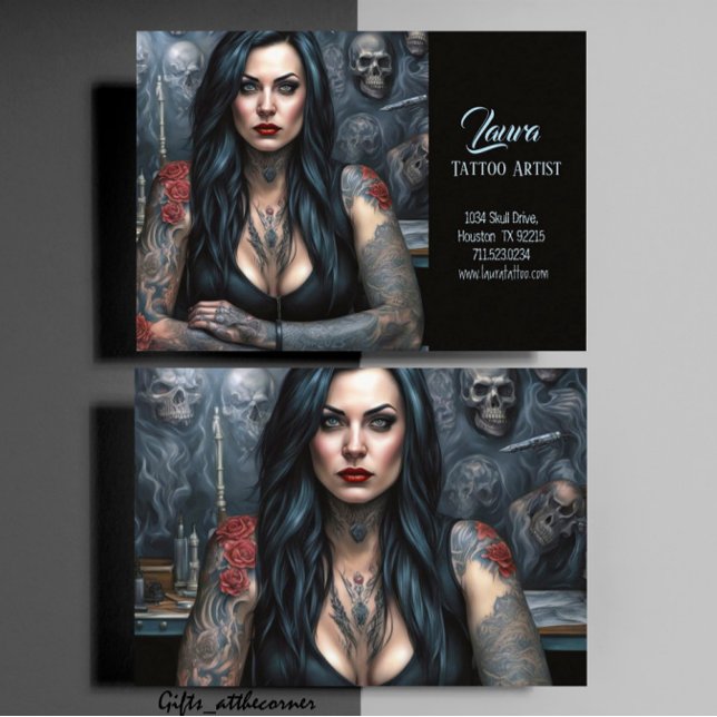 Red Roses And Skulls Woman Tattoo Artist Business Card (Creator Uploaded)