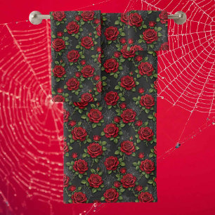 Red Roses and Spider Webs Gothic Bath Towel Set