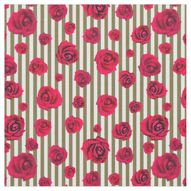 Red Roses and Striking Green Stripes Fabric (Close Up)