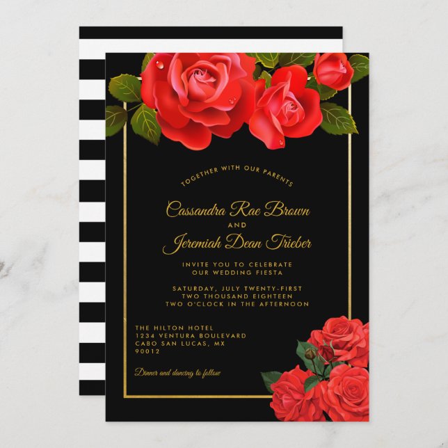 Red Roses and Stripes Formal Wedding Invitation (Front/Back)