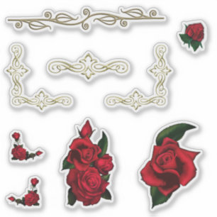 Red Roses and Vintage Gold Scrolled Sticker Set